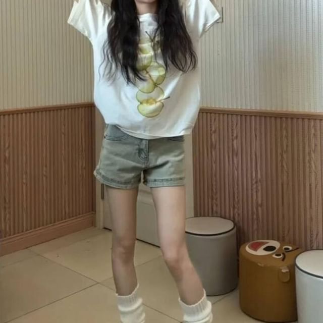 Yako-High Waist Washed Denim Shorts
