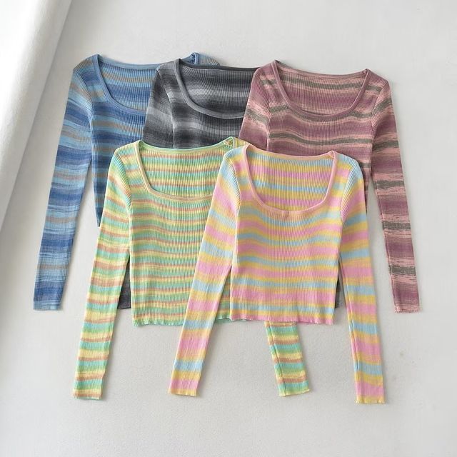 Avauntgardo-Long-Sleeve Square-Neck Striped Knit Top