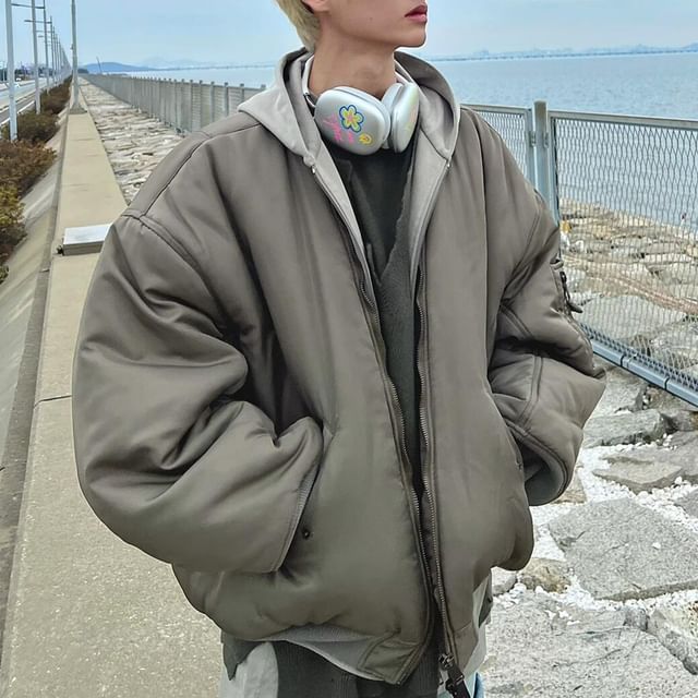 DragonRoad-Mock Two-Piece Hooded Zip-Up Bomber Jacket
