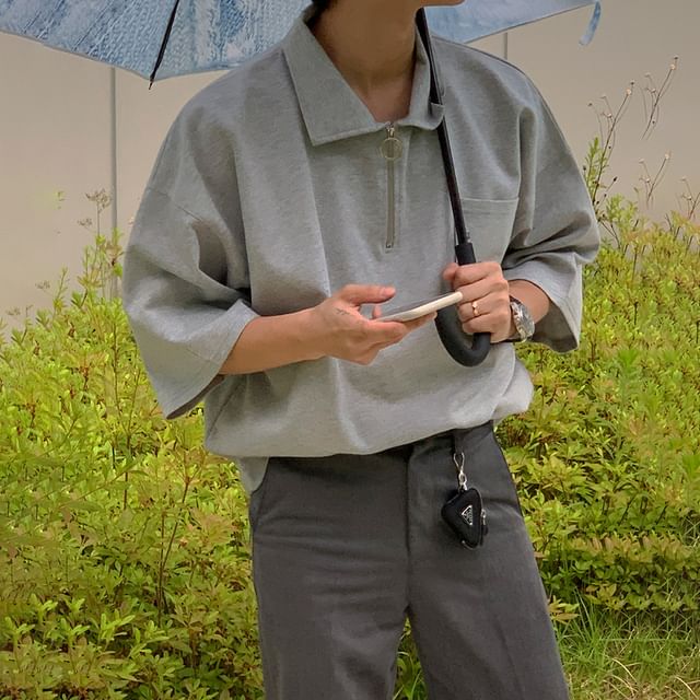 MRCYC-Elbow-Sleeve Half-Zip Plain T-Shirt