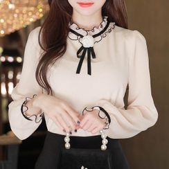 MyFiona - Piped Pleated-Trim Blouse with Brooch MyFiona - Piped Pleated-Trim Blouse with Brooch