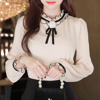 MyFiona - Piped Pleated-Trim Blouse with Brooch | YesStyle