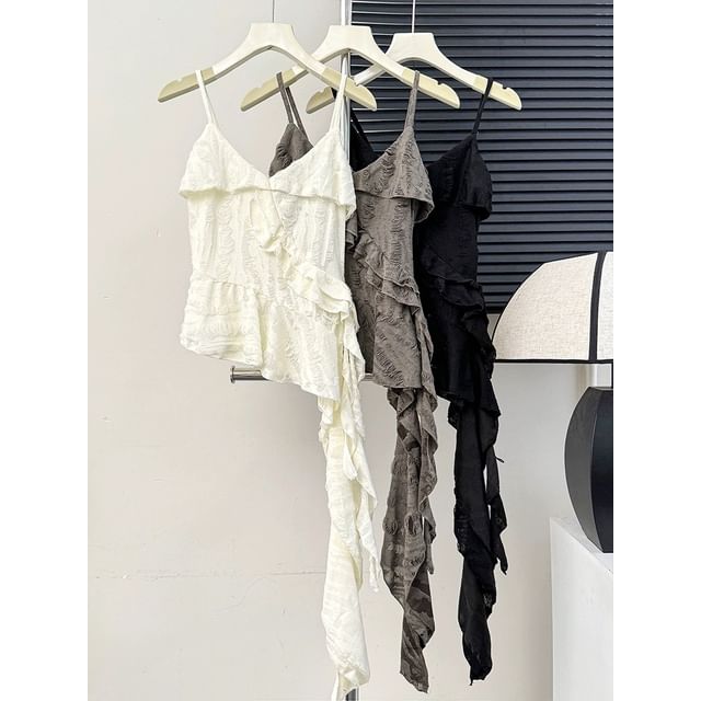 Essere-Plain Distressed Ruffle Asymmetrical Cami Top
