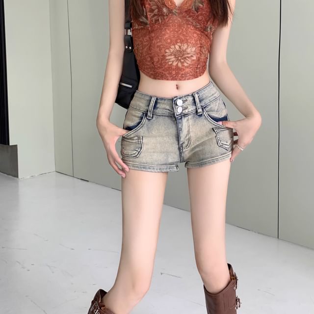 ANORA-High Waist Washed Denim Shorts