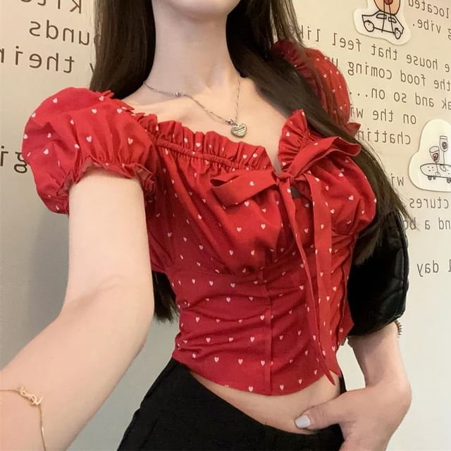 monroll-Short-Sleeve Off Shoulder Dot Crop Top