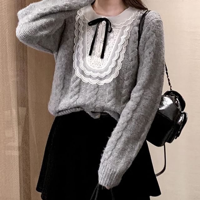 PERKARP-Long Sleeve Round Neck Lace Panel Cable Knit Sweater
