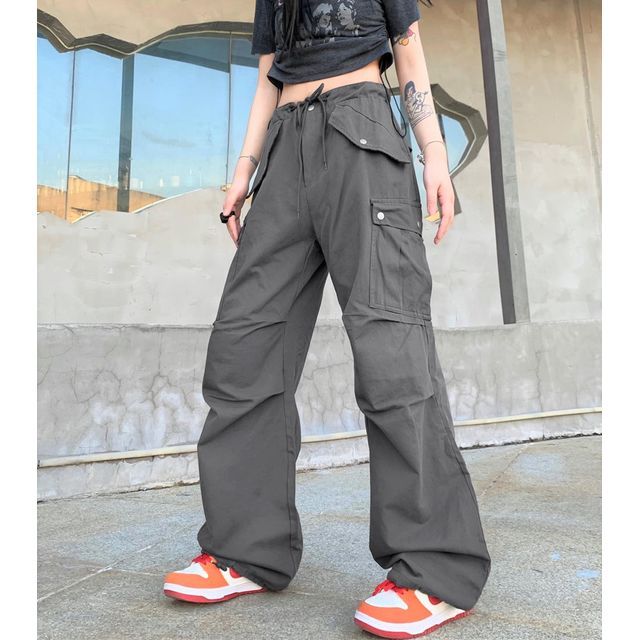 AXEN - High-Waist Drawstring-Waist Wide Leg Cargo Pants | YesStyle