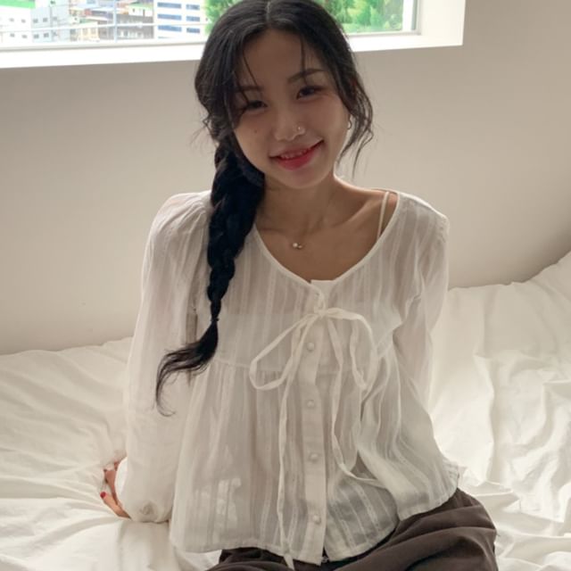 Janerium-Long-Sleeve U-Neck Button-Up Plain Shirt
