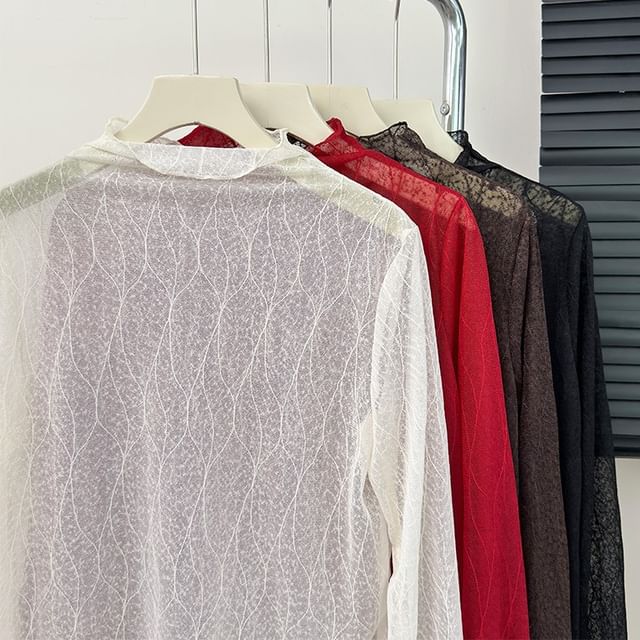 Lemongrass-Mock-Neck Mesh Top