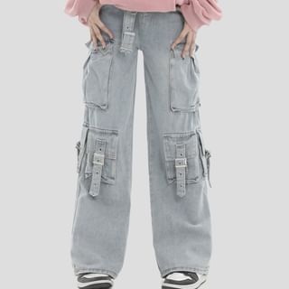 INStudio - Mid Rise Pocket Detail Wide Leg Jeans