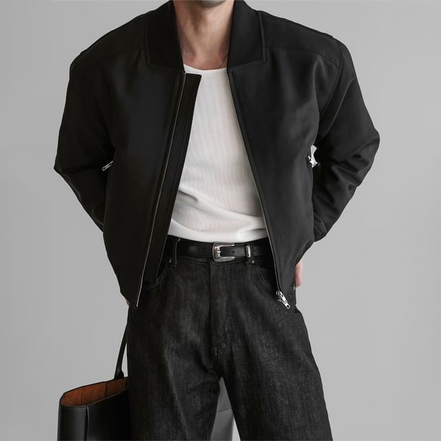 Okwano-Collared Plain Zip Cropped Bomber Jacket