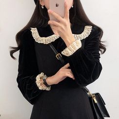 Renara - Lace Trim Velvet Blouse Renara - Lace Trim Velvet Blouse