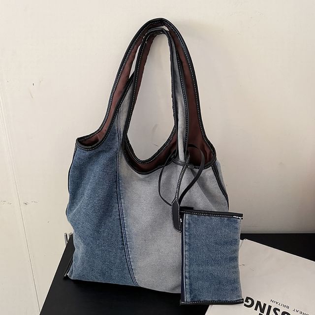Basaran-Set Washed Panel Denim Tote Bag Pouch