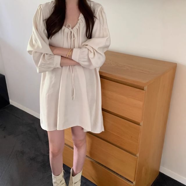 Tulstrix-Long Sleeve Round Neck Plain Drawstring Mini A-Line Dress