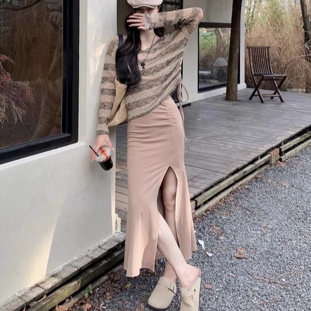 Long-Sleeve V-Neck Striped Drawstring Knit Top / Spaghetti Strap Plain Slit  Midi Sheath Dress