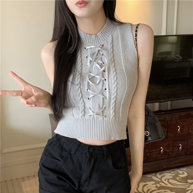 Allinya-Sleeveless Round Neck Solid Cropped Knit Top