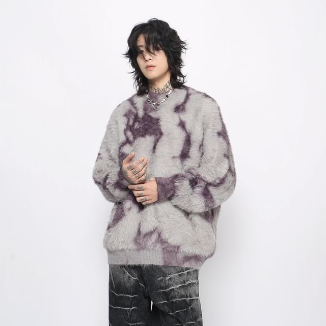 Derbundy-Crew Neck Tie Dye Fluffy Sweater