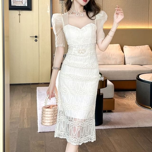 ZYHT - Puff Sleeve Square Neck Embroidered Panel Mesh Midi Sheath Dress | YesStyle ZYHT - Puff Sleeve Square Neck Embroidered Panel Mesh Midi Sheath Dress | YesStyle