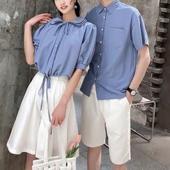 Azure - Couple Matching Short-Sleeve Shirt / Plain Shorts / Wide Leg Shorts