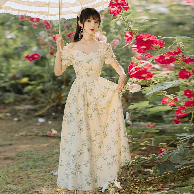 Cocaliso - Short-Sleeve Off-Shoulder Floral Midi A-Line Dress | YesStyle