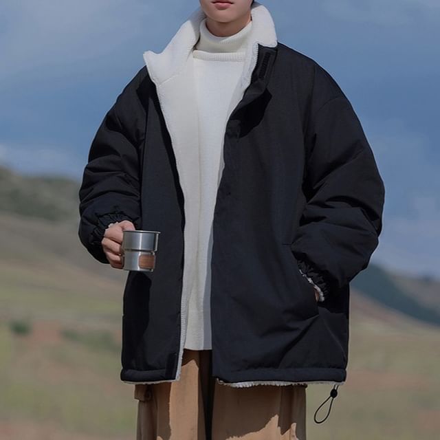 Dandyluxe-Stand Collar Plain Fleece-Lined Zip-Up Jacket