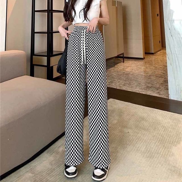 Everose-Drawstring Check Wide Leg Sweatpants