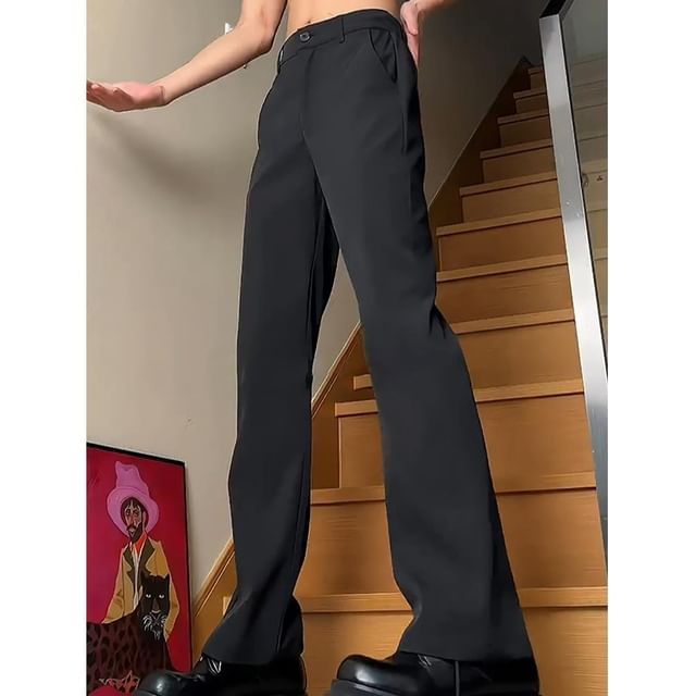 Kimeya-High Waist Plain Loose Fit Slacks