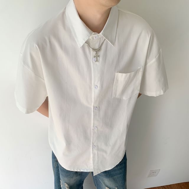 Mimiyox-Short Sleeve Collared Plain Shirt