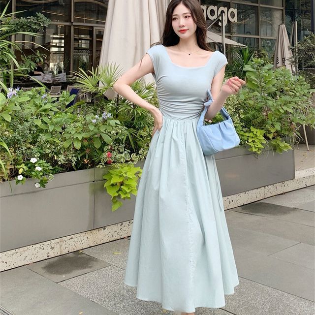 EFO - Cap-Sleeve Square Neck Plain Ruched Midi A-Line Dress | YesStyle