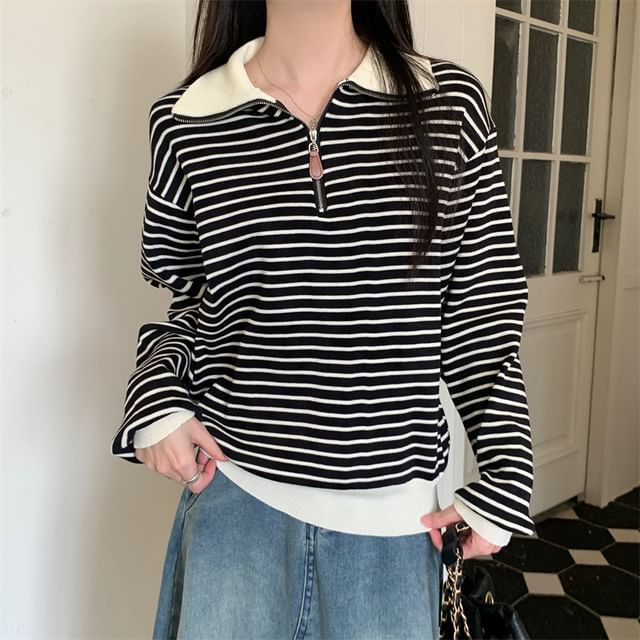 OGAWA-Long Sleeve Collared Striped Half Zip Knit Top