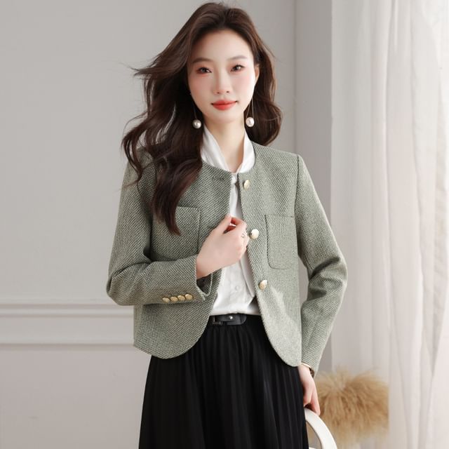 Sienne-Crew Neck Button-Up Tweed Crop Jacket