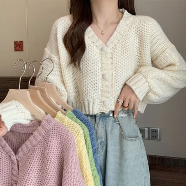 Sisyphi-Puff-Sleeve V-Neck Plain Cropped Cardigan