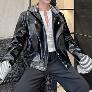 Omozando-Striped Panel Hooded Faux Leather Button Jacket