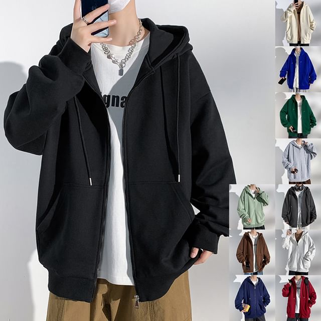 Bay Go Mall-Drawstring Plain Zip-Up Hoodie