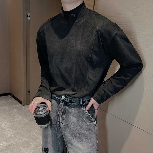 Adothuiastic-Long-Sleeve Mock Neck Plain T-Shirt