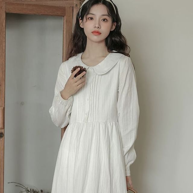sansweet-Long-Sleeve Collared Plain Midi A-Line Dress