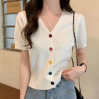 Sisyphi-Short Sleeve V-Neck Contrast Button Knit Top