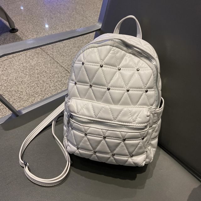 Mulgam-Plain Studded Quilted Faux Leather Backpack