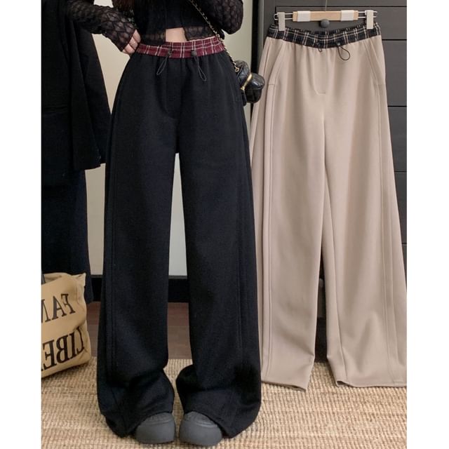 Kenning-Drawstring Waist Plaid Panel Baggy Sweatpants