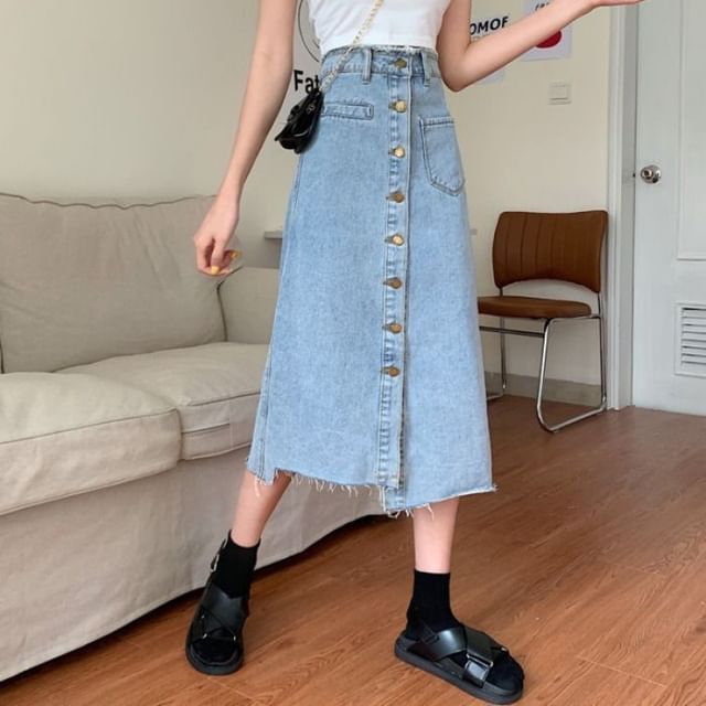 Sisyphi-High Rise Asymmetrical Button-Up Washed Midi A-Line Denim Skirt