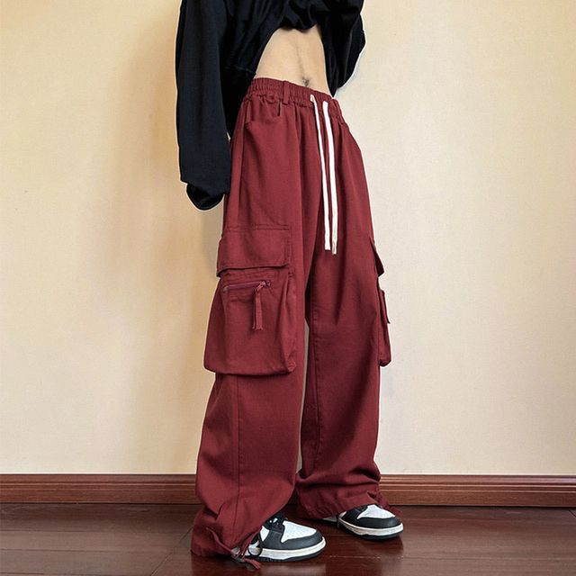 Iduna-Low Rise Plain Wide Leg Cargo Pants