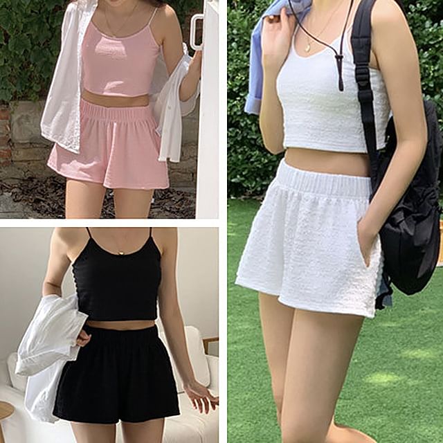 CUCURBIT-Set Plain Tankini Top Elastic Waist Shorts