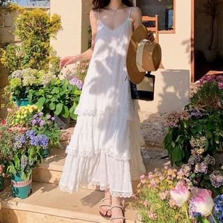 Cossita Spaghetti Strap Plain Lace Trim Maxi Sundress Sale