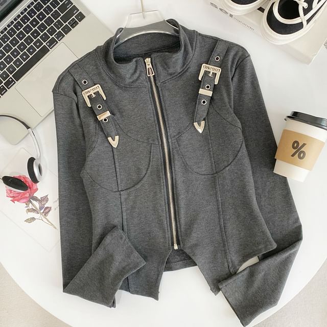 Iasia-Stand Collar Asymmetrical Buckled Zip Jacket
