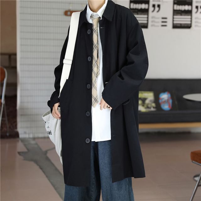 Myanderthal-Plain Long Single-Breasted Trench Jacket