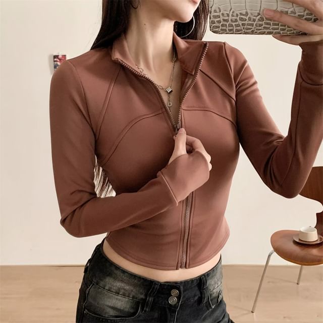 Faiar-Long-Sleeve Zip-Up Plain Crop Top