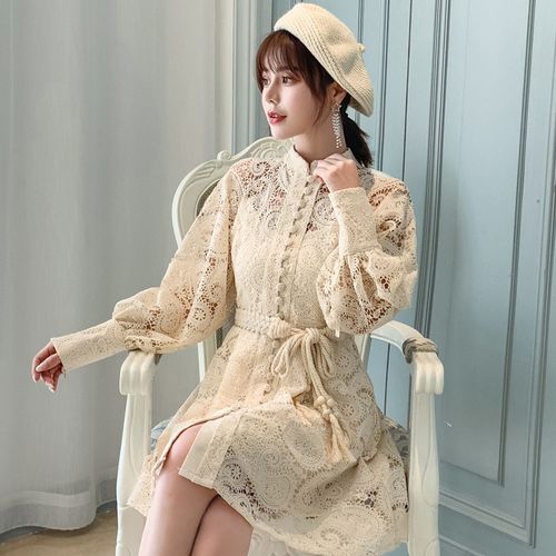 AMOS - Puff-Sleeve Tie-Side High Neck Buttoned A-Line Lace Dress