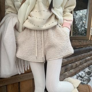 Beem-Drawstring Waist Plain Fleece Wide Leg Shorts
