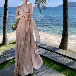 Fioridi-Halter Plain Ruched Panel Maxi A-Line Dress