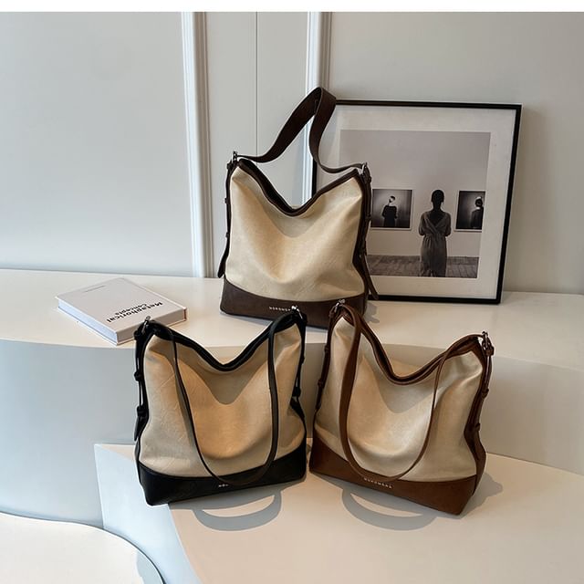 Basaran-Two Tone Faux Leather Bucket Bag